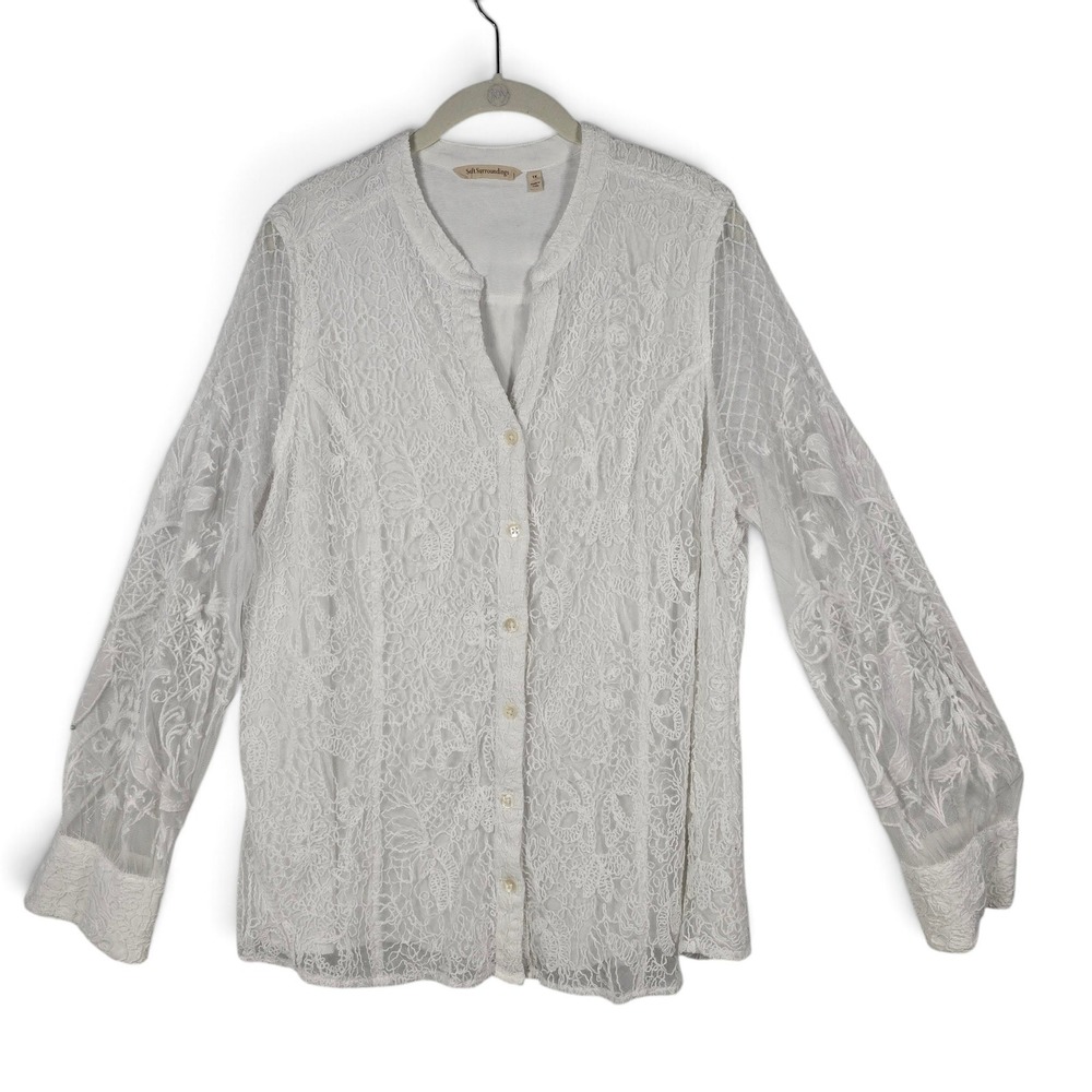 Soft Surroundings Top Womens 1X White Lace Button Down Long Sleeve Blouse Boho